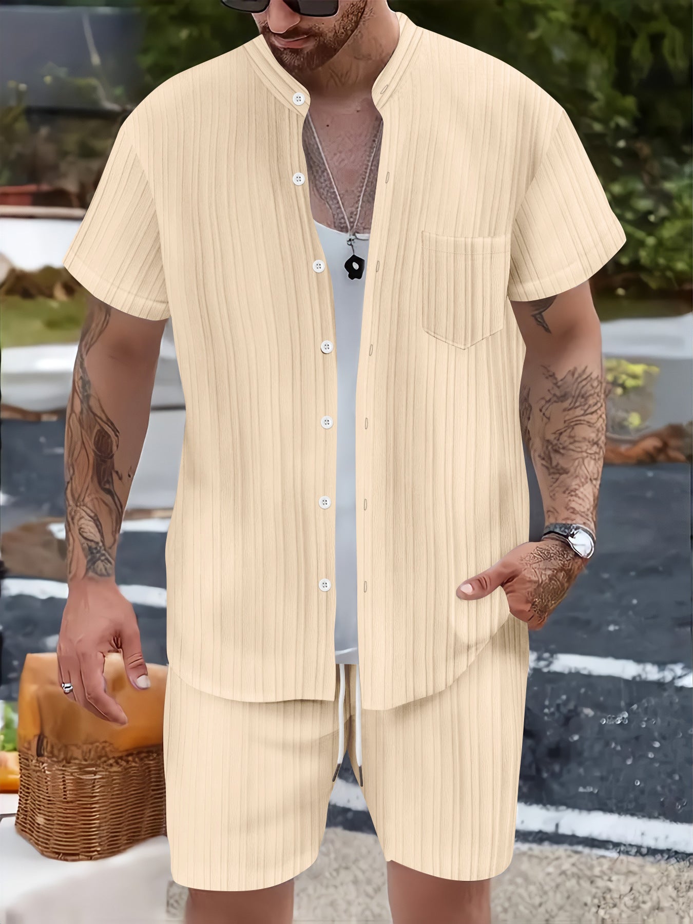 Fashionable Casual Stand Collar Pocket Short-Sleeve Shirt And Mens Shorts Two-Piece Set