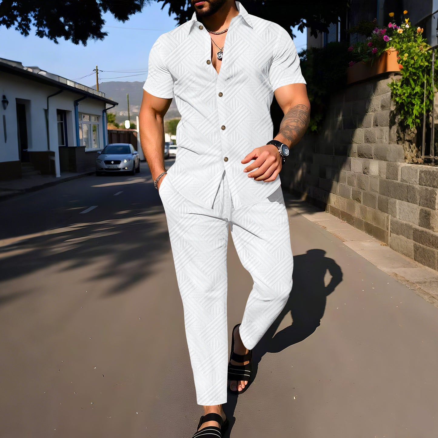 Men's Summer Solid-Color Jacquard Lapel Suit