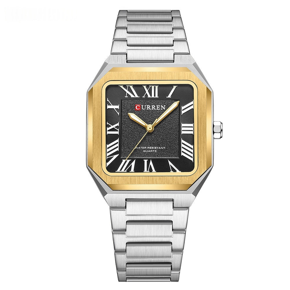 Mens Simple Square Waterproof Quartz Watch With Roman Numerals And Fashionable Steel Band