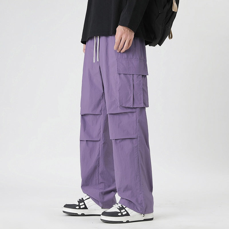 Summer Ice Silk Trousers Multi-Pocket Loose Straight-Cut Casual Sports Pants For Men
