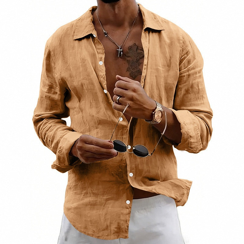 Loose-fit Cardigan With A Lapel Collar Versatile Linen Long-sleeve Shirt