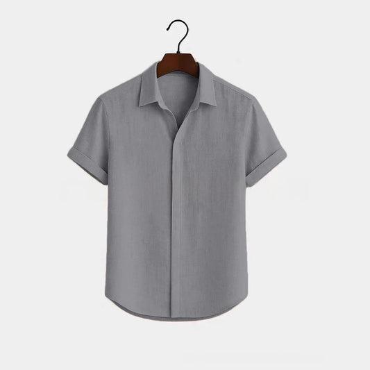 Solid-color Short-sleeve Cotton-linen Shirt For Men