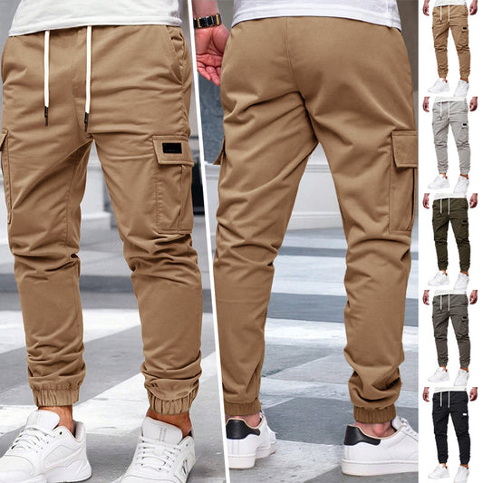 Mens Solid-color Work Pants With Drawstring Elastic Cuffs