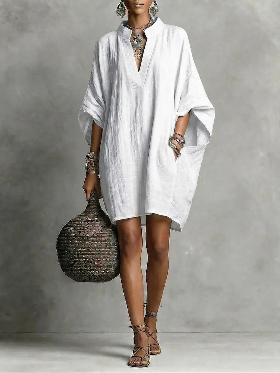 Women's Spring/Summer Casual Mid-Sleeve Solid-Color Dress