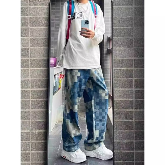 Men's Loose-Fit American-Style Printed Denim Jeans