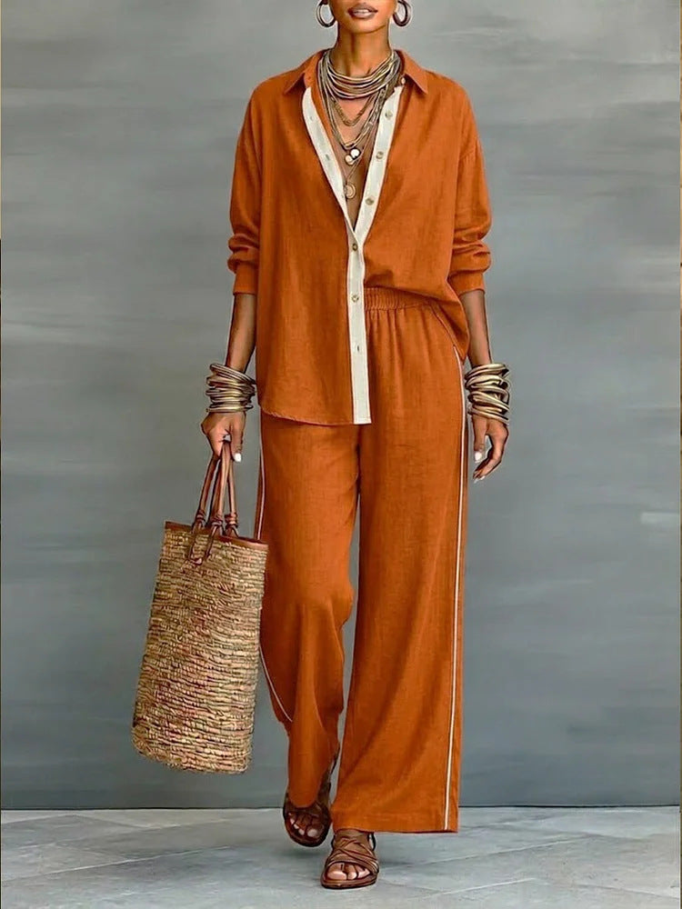 Contrast-Color Solid-Color Loose Casual Pants Two-Piece Set