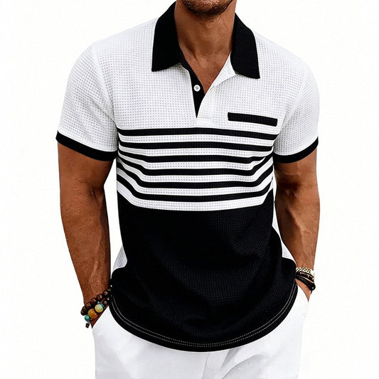 Men's Casual Waffle-Stripe Short-Sleeve Polo Shirt