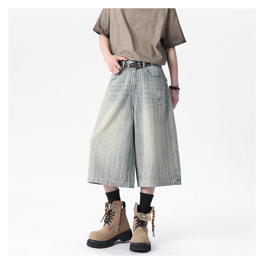 Workwear Striped Capri Denim Shorts
