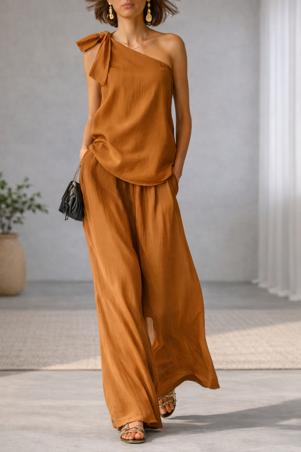 Sleeveless One-shoulder Top With Tie Detail And Wide-leg Pants