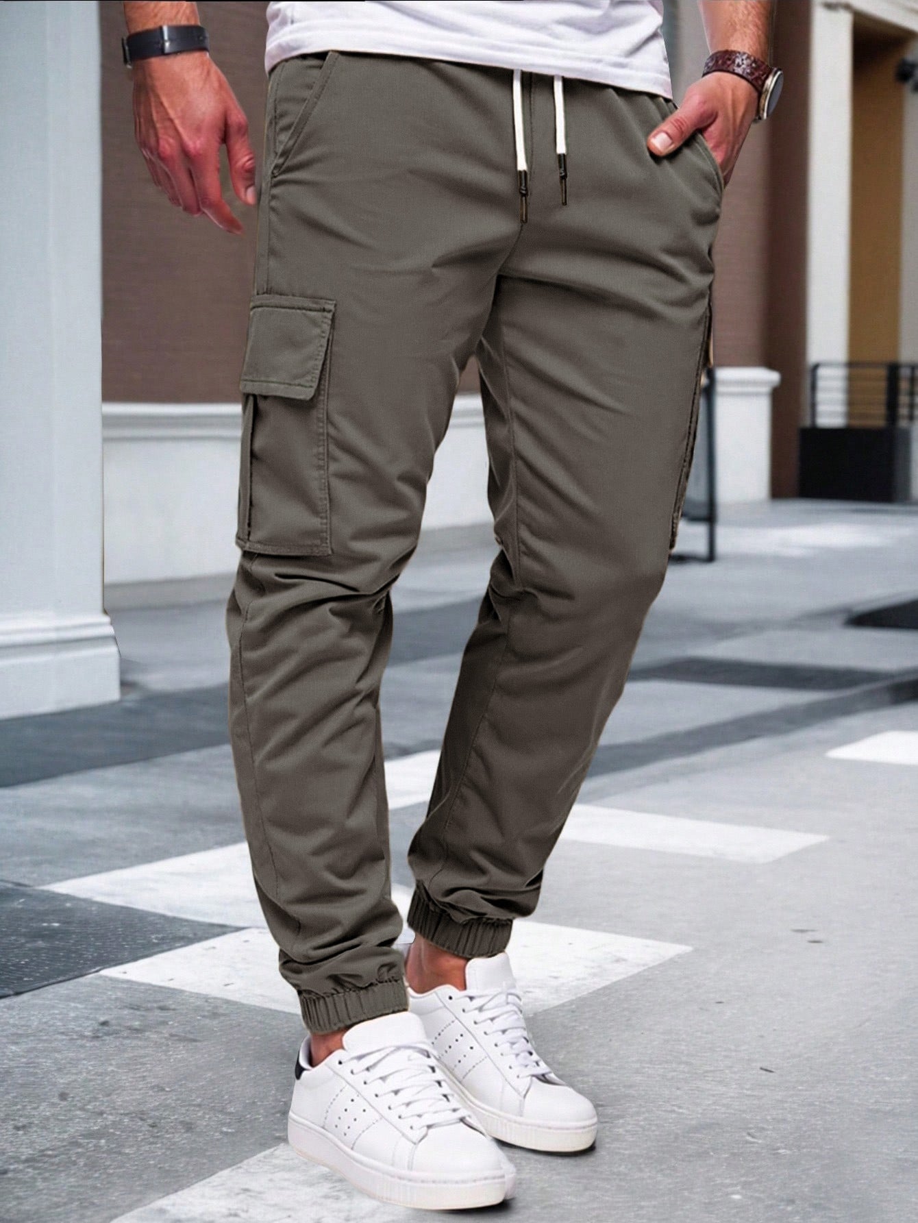 Mens Solid-color Work Pants With Drawstring Elastic Cuffs