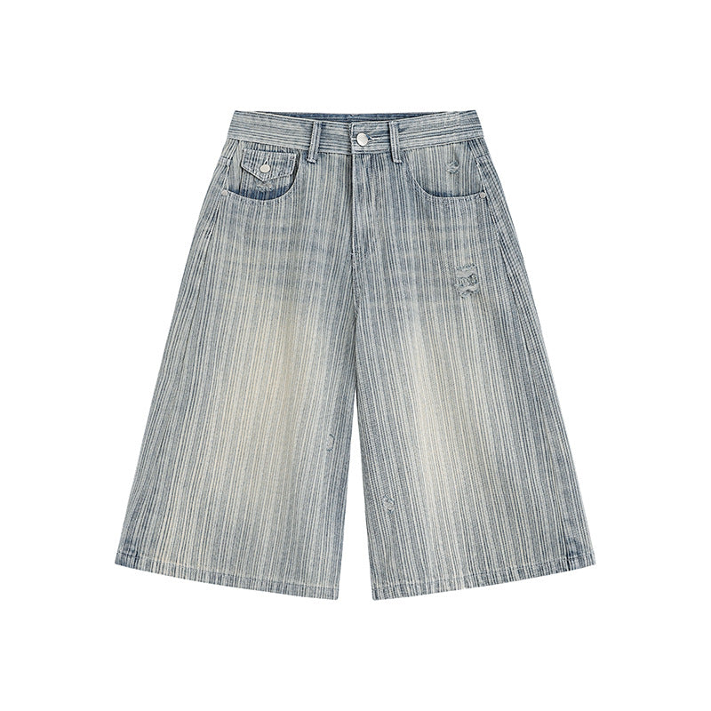 Workwear Striped Capri Denim Shorts