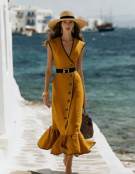 Robe midi tendance en lin mélangé à col en V