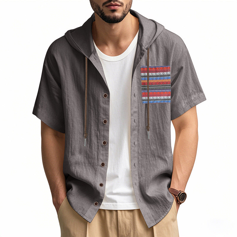 Men's Linen Short-sleeve Lightweight Loose-fit Hooded T-shirt