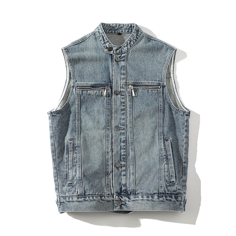 New Men's Sleeveless Stand-Collar Washed Denim Jacket