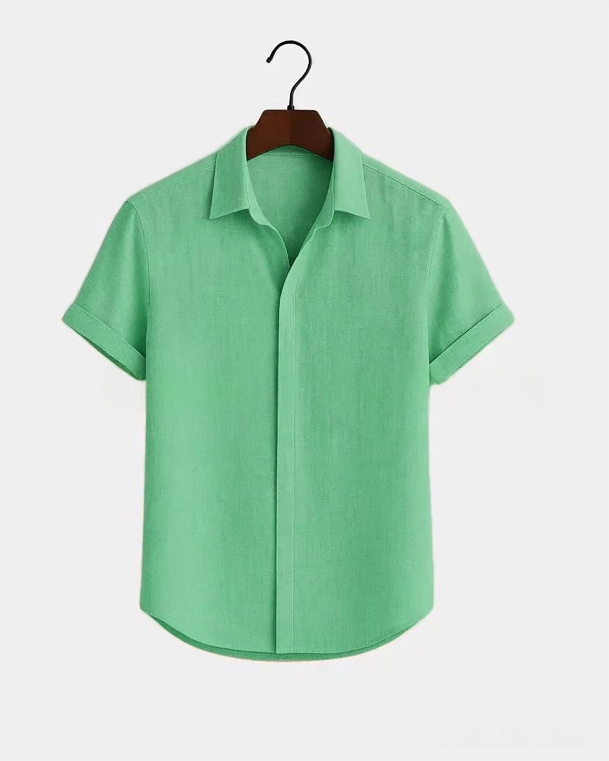 Solid-color Short-sleeve Cotton-linen Shirt For Men