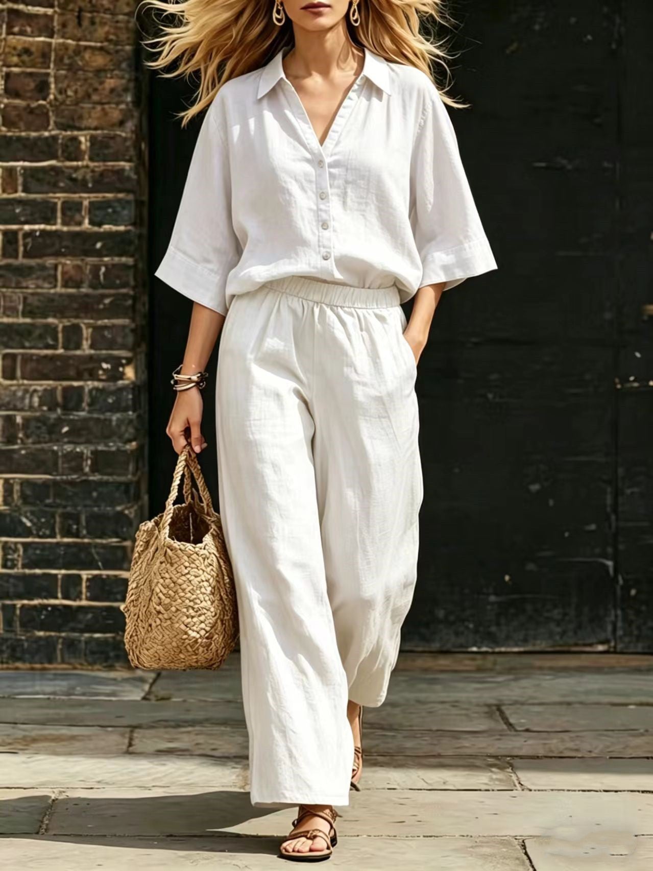 Womens Short-Sleeve Shirt And Loose Pants Two-Piece Set
