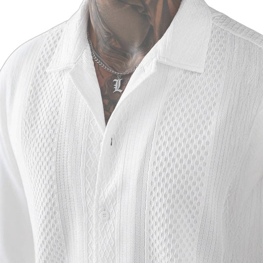 Men's Solid-Colored Knitted Hollow-Out French-Style Lapel Shirt