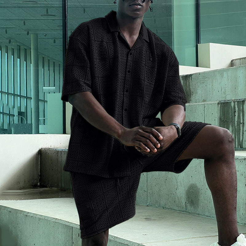 Mens Hollow-Out Lapel Button-Up Shirt And Loose Casual Shorts Set