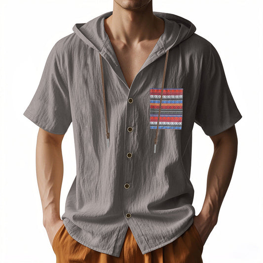 Linen Mens Short-sleeve Lightweight Loose-fitting Hooded T-shirt