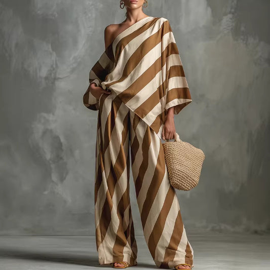 Retro Striped Printed Chiffon Top And Wide-leg Pants Set