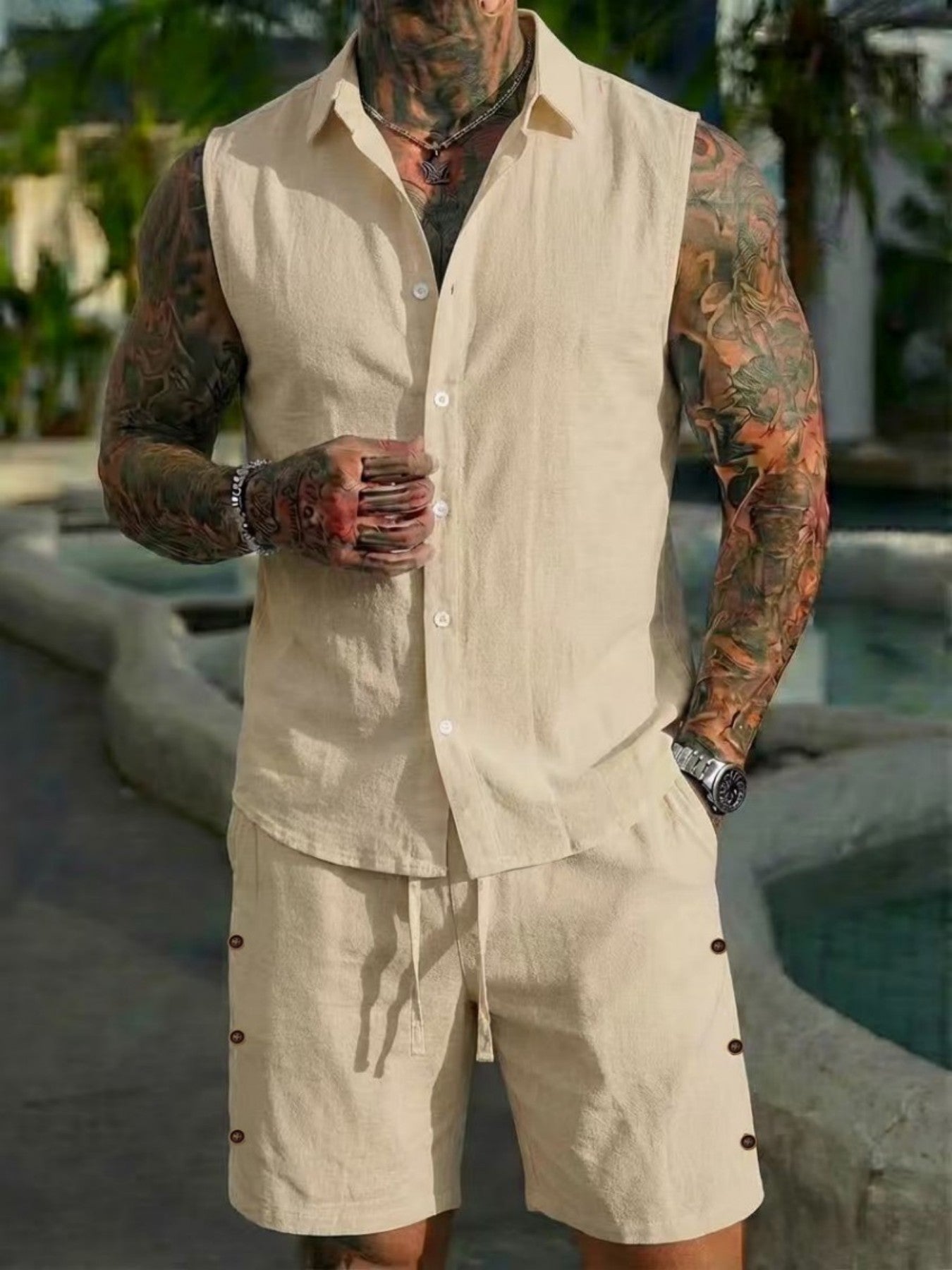 Men's Solid-Colored Linen Breathable Beach Set