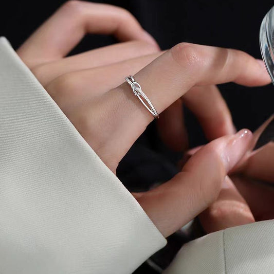 S999 Pure Silver Starry Knot Ring For Women, INS Niche Design, Light Luxury, Minimalist Frosted Hollow Star Finger Ring