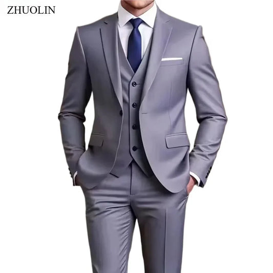 Men's 3 Piece Suit Set Wedding Solid Color Blazer Vest Pants Formal Business Dress Classic Tuxedo for Party Groomsmen