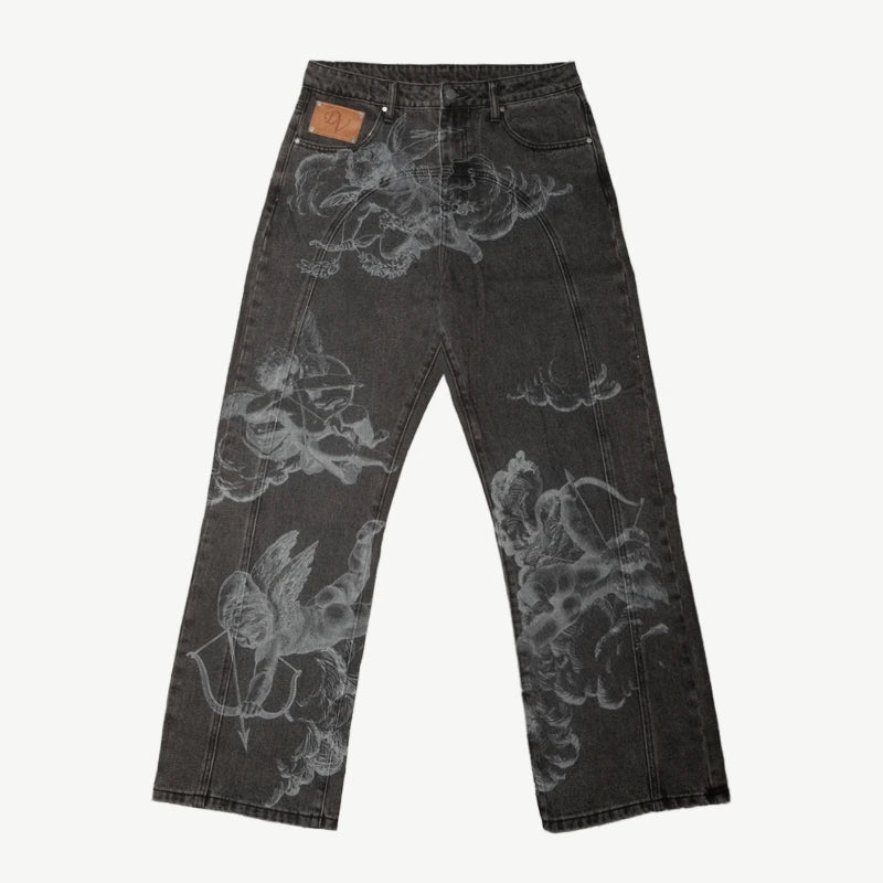Jean Baggy Y2K "Angel Cupids Arrow" – Style Rétro Américain, Coupe Droite & Denim Stonewashed