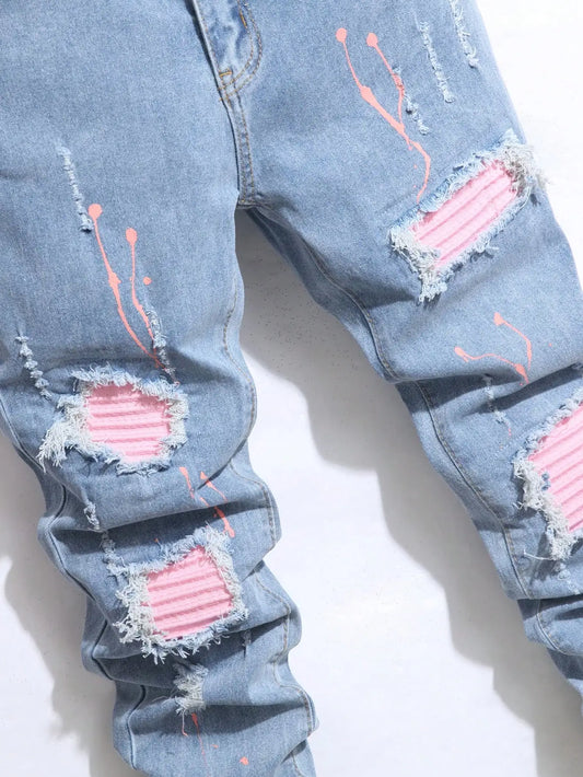 Jean Slim Straight Patchwork LVCCCI'S – Style Chic, Haute Élasticité & Denim Épais