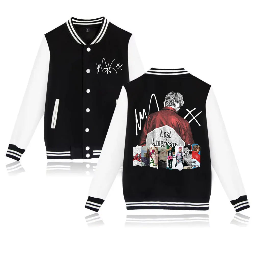 Rapper MGK Lost Americana Tour Album Baseball Uniform Hoodie Jacket Unisex Harajuku Sweatshirt Fan Gift