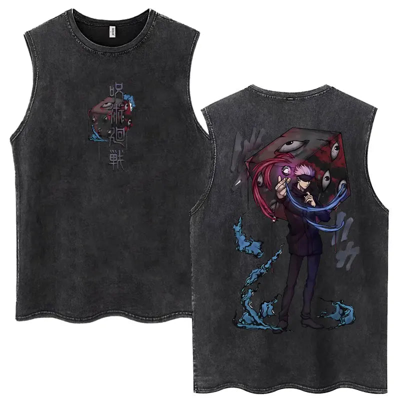 Anime Jujutsu Kaisen Satoru Gojo Vintage Wash Tank Tops Men Women Classic Manga Cotton T Shirt Fashion Loose Sleeveless T-Shirt