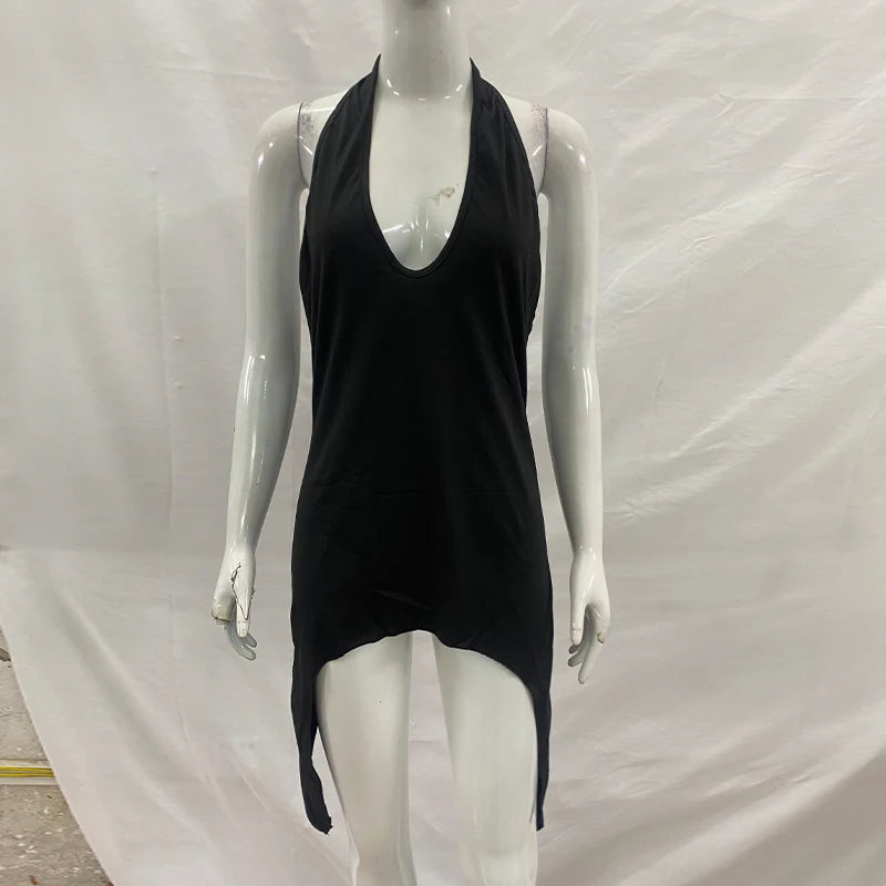 Hottie Irregular Wild Sexy Classic Halter Deep V Neck High Waist Open Back Sleeveless Mini Dress Rave Party Night Club Wear