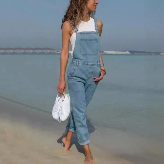 Women Denim Jumpsuit Side Pockets Adjustable Strap Plus Size Jumpsuit Loose Backless Square Neck Backless Lady Overalls 여성 점프슈트