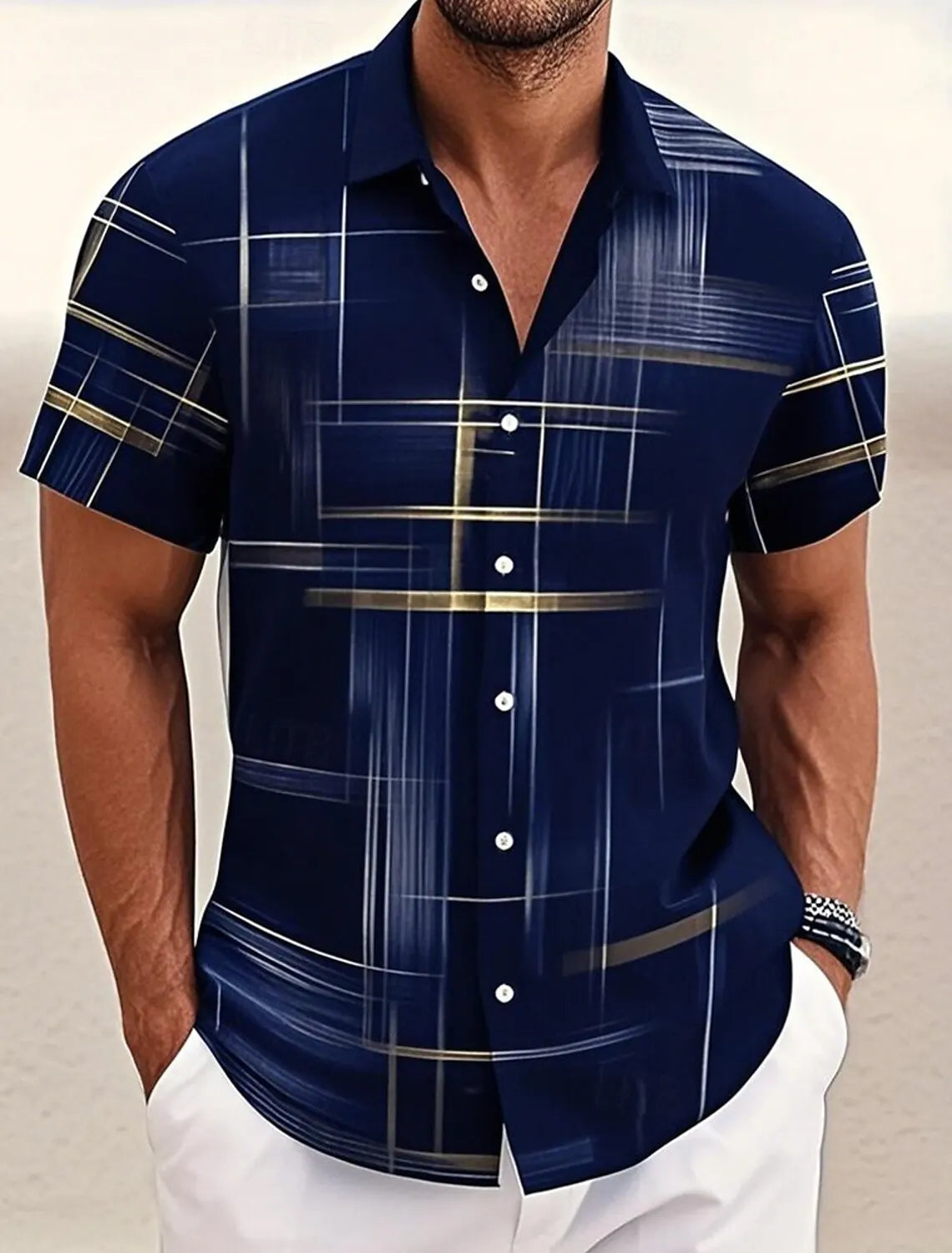 Summer Men's Geometric Grid Plaid Shirts Short SleeveTurndown Hawaiian Shirt Button Up Shirts No Pockets Shirts