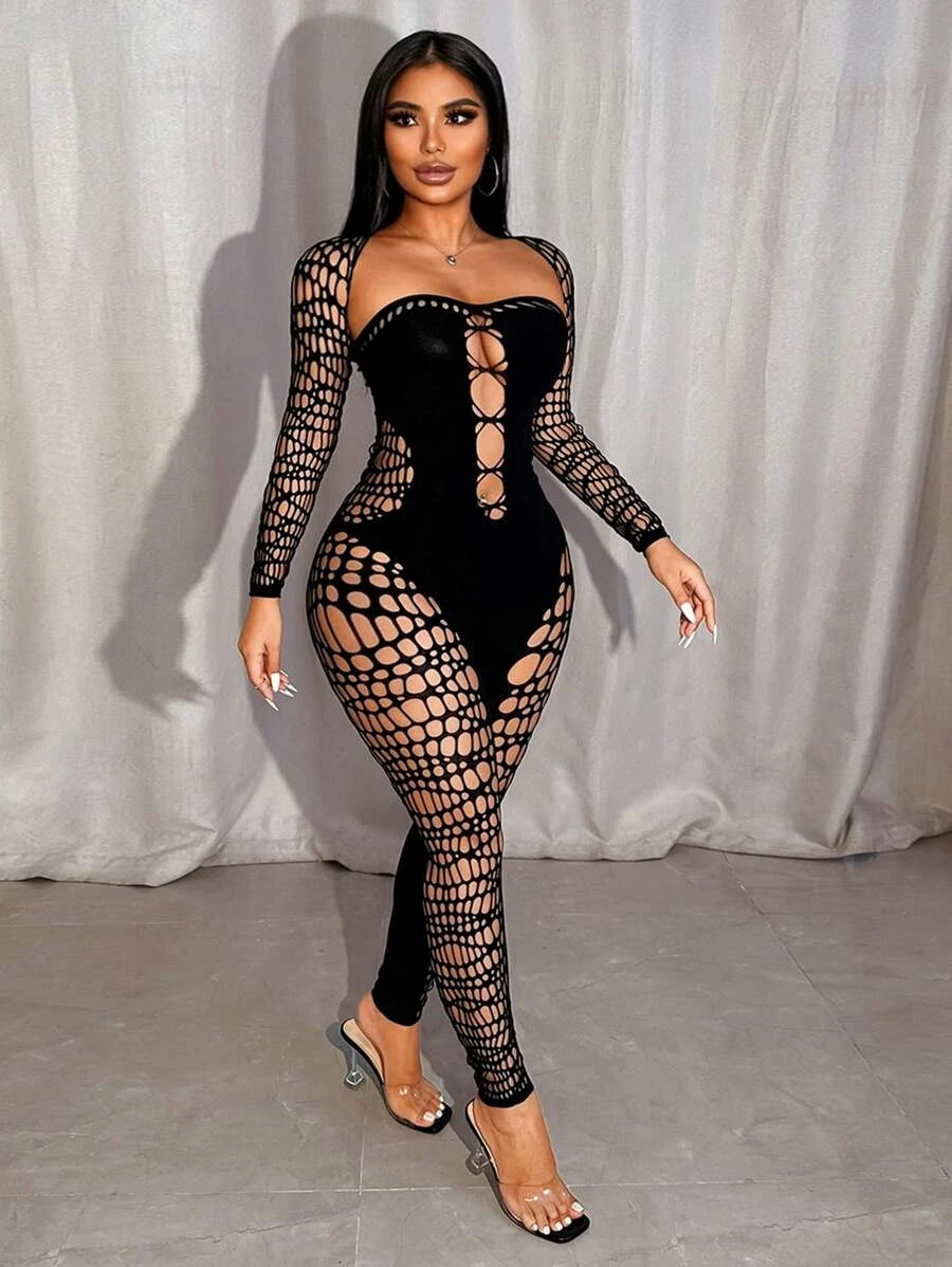 Nibber Sexy Hollow Strapless Jumpsuit+Shawl Women See Through Coquette Hipster Midnight Clubwear Activity Slim Workout Overalls