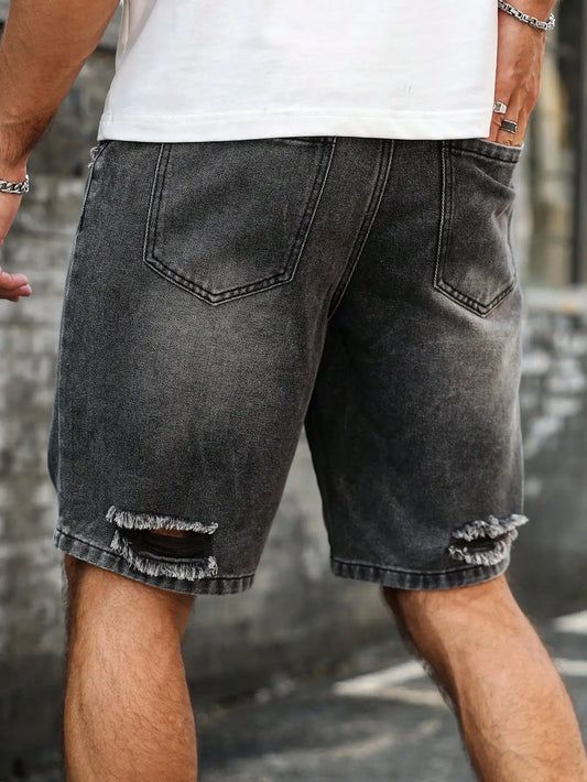 Short Denim Déchiré Imprimé – Style Casual Distressed & Confort d'Été
