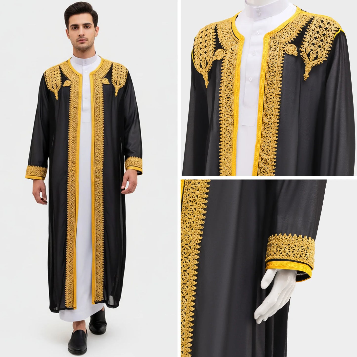luxury Gold Embroidered Arab Traditional Long Robe Thobe Men's Formal Dress Middle East Ethnic Style Polyester Fiber