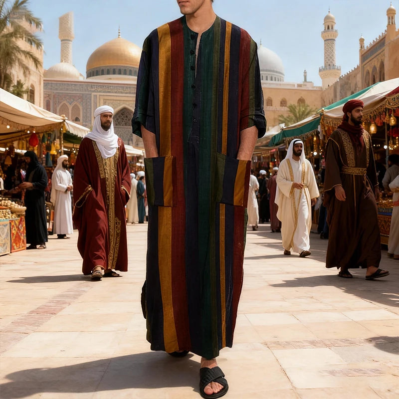 New Men Islam Qamis Muslim Striped Robes Long Sleeve Button-down Arabian Kaftan Suit Middle East Dubai Abaya Summer Man Clothing