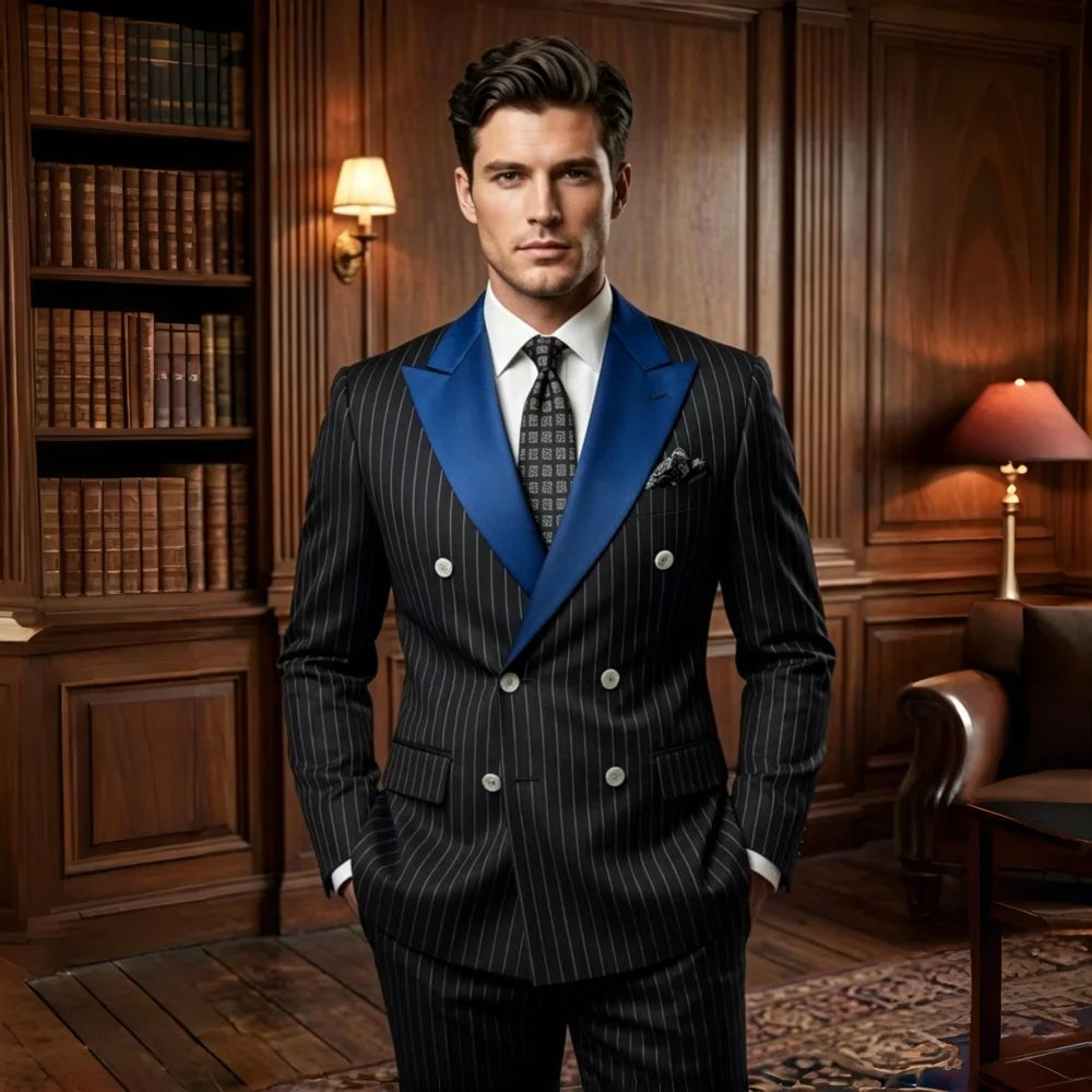 Black Stripe Men Suits Double Breasted Wedding Tuxedo Slim Fit 2 Pieces Formal Blazer Pants Set For Groom Guest Prom Party 2026
