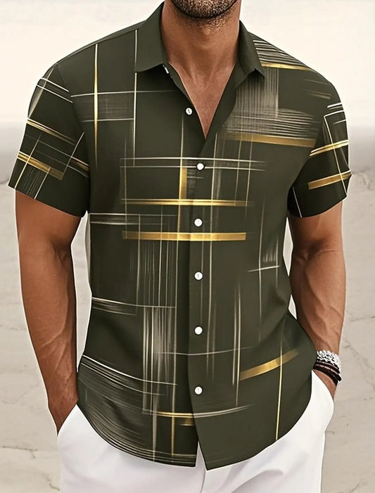 Summer Men's Geometric Grid Plaid Shirts Short SleeveTurndown Hawaiian Shirt Button Up Shirts No Pockets Shirts
