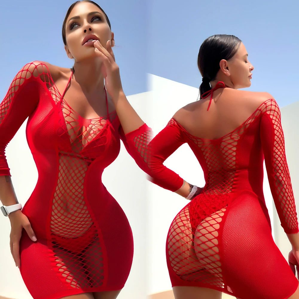 Mini Bandage Dress Hollow Out Sexy Slim Women Babydoll Dress Fashion Square Collar With Gloves Sexy Backless Dresses Nightclub