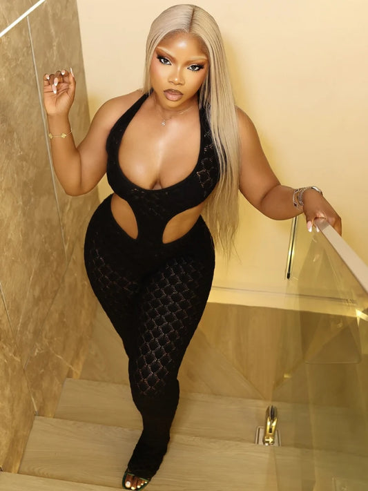 Beyprern Sexy Black Crochet Cut Out Jumpsuit Women Halter Backless See Through One Piece Romper High Waist Skinny Clubwear