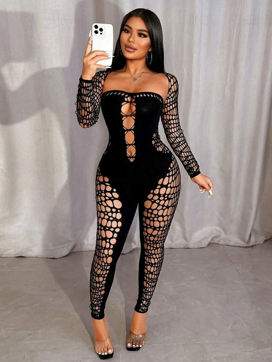 Nibber Sexy Hollow Strapless Jumpsuit+Shawl Women See Through Coquette Hipster Midnight Clubwear Activity Slim Workout Overalls