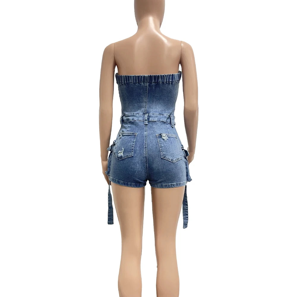 New Arrivals Summer Women Sexy Tube Top Blue Denim Romper Strapless Fashion Wholesale Stretchy Demin Jeans Outfit Woman Jumpsuit