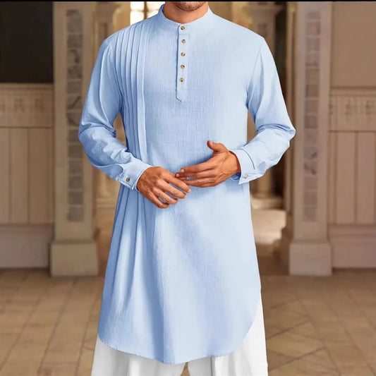 2026 Summer New Muslim Middle East Arab Malaysia Mens Button Cotton Linen Shirt Muslim Robe Long Sleeve Traditional Tops