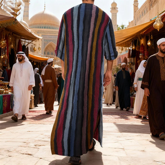 New Men Islam Qamis Muslim Striped Robes Long Sleeve Button-down Arabian Kaftan Suit Middle East Dubai Abaya Summer Man Clothing