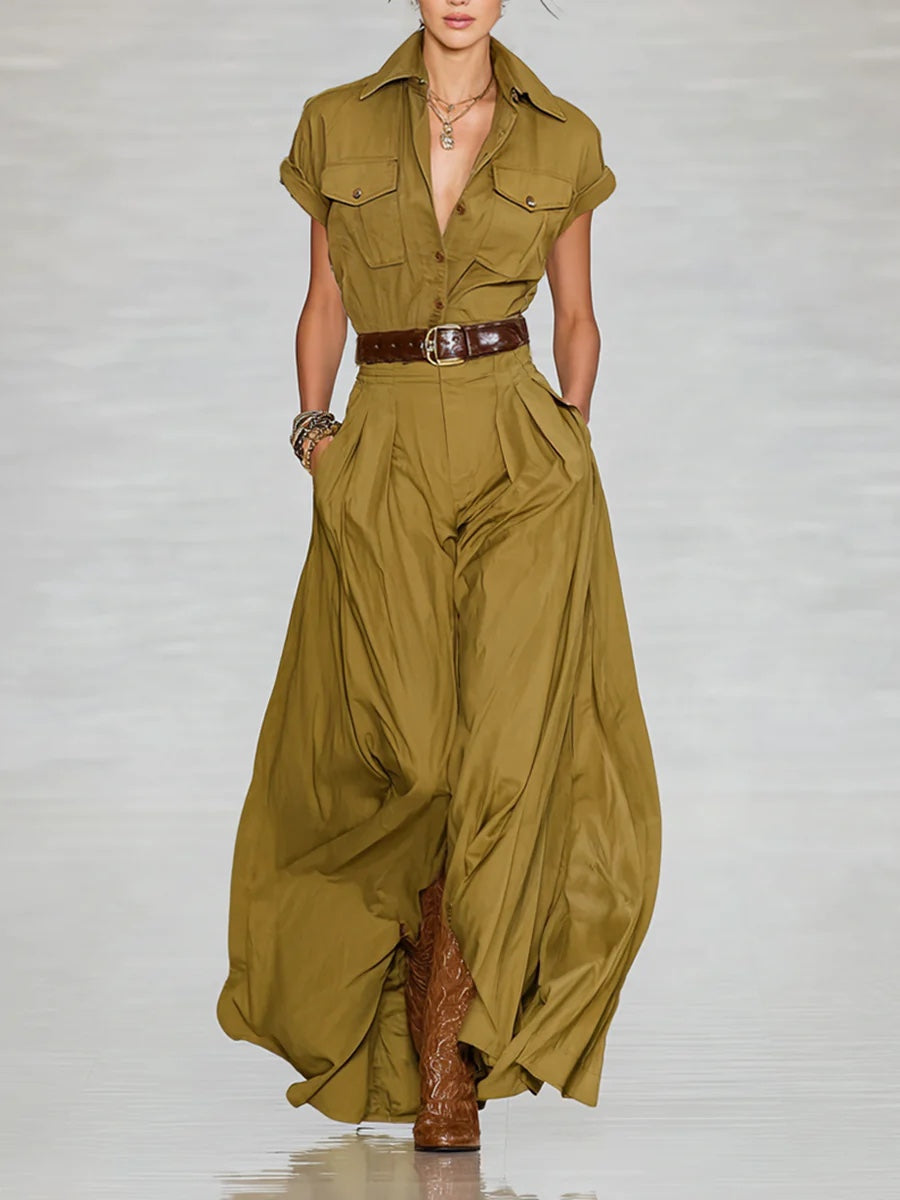 Short-sleeve Shirt-style Long Dress With Pockets