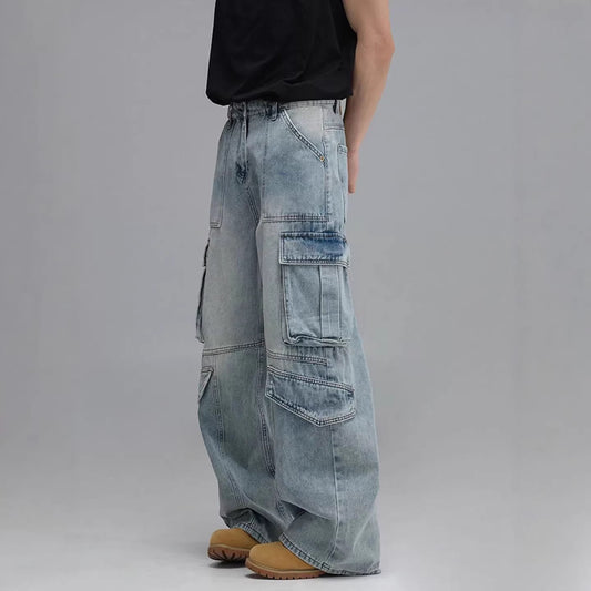 Washed Multi-Pocket Workwear Denim Jeans Mens Casual Wide-Leg Pants