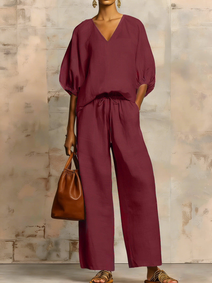 Women's Loose Solid-Colored V-Neck Half-Sleeve Top and Wide-Leg Pants Set