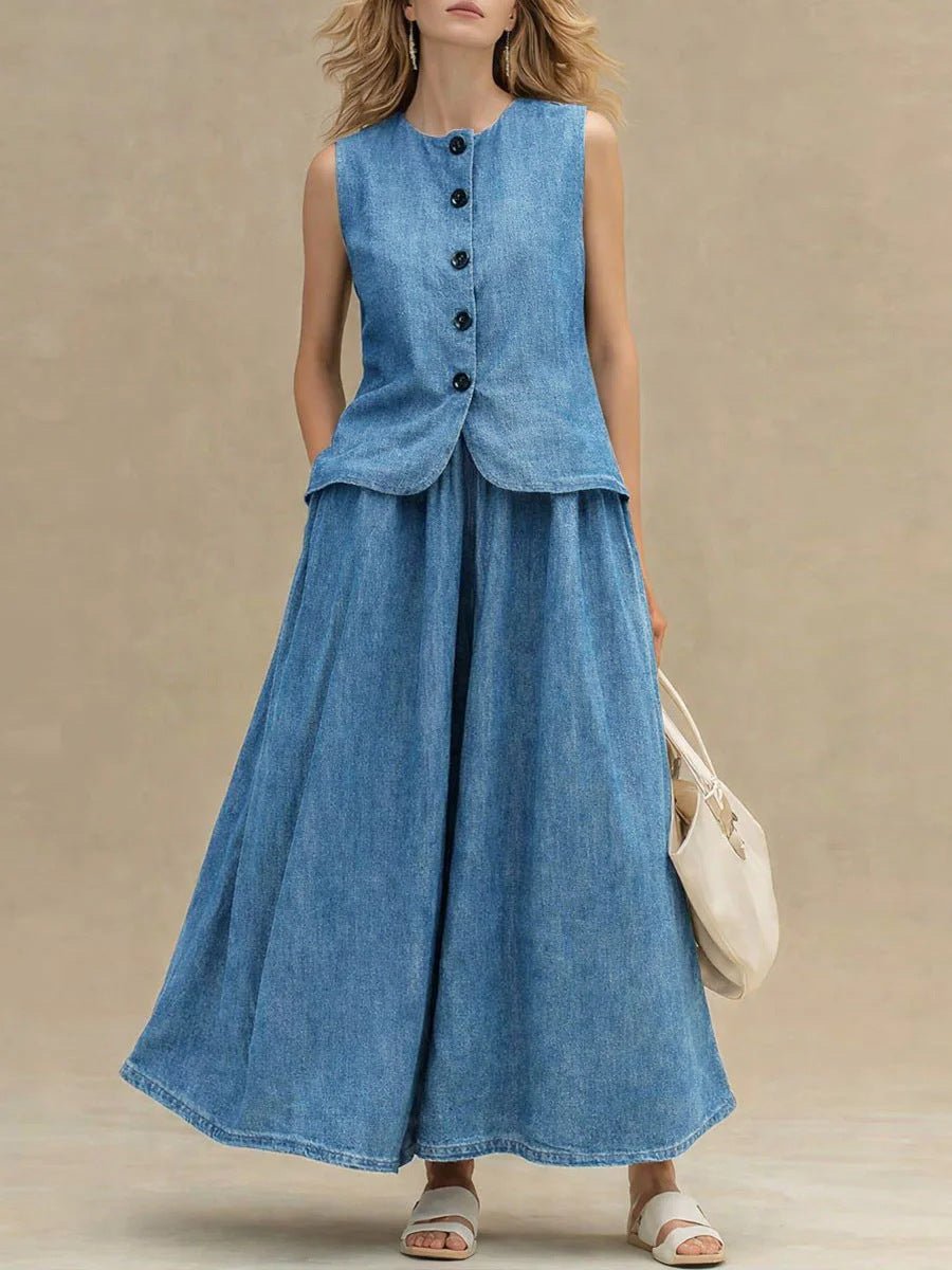 Womens Crew-Neck Denim Top And High-Waist A-Line Skirt Denim Set